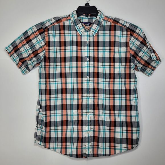 Patagonia Men's Large White Green Orange Black Plaid Button Up Cotton Polyester - Picture 2 of 5
